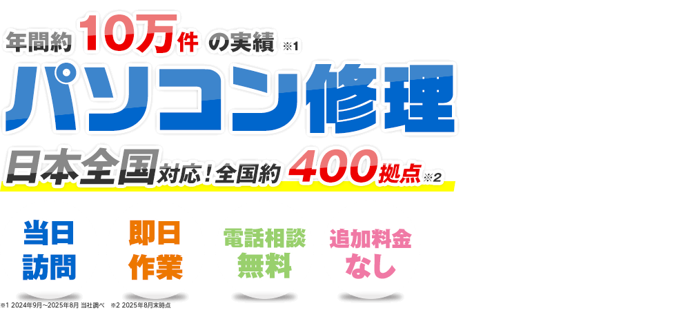 年間約10万件の実績 パソコン修理 日本全国対応!全国約400拠点